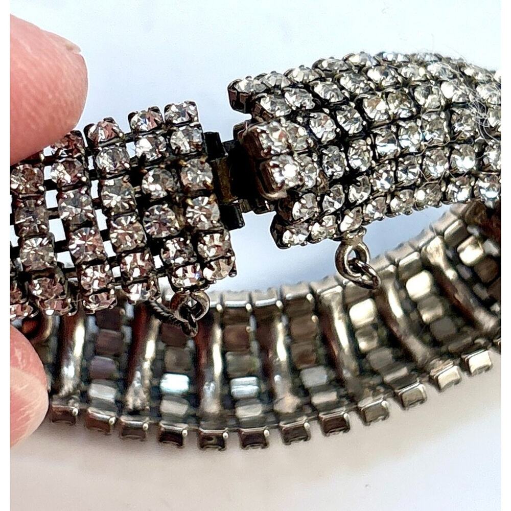 Vtg 6 Row Half Dome Rhinestone Bracelet-Prong Set Silver Tone Statement Jewelry - Picture 4 of 6